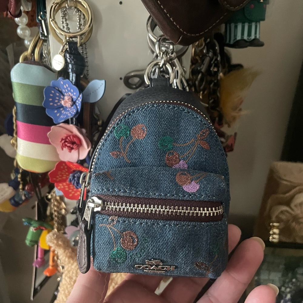 Coach blue denim with cherry’s Mini Backpack Keychain